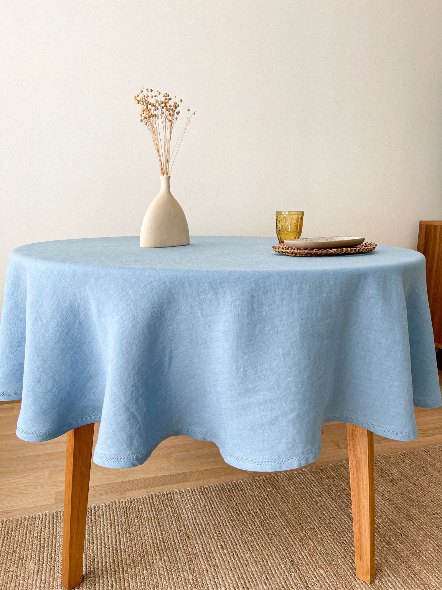 Runde Tischdecke aus Leinen mit Hohlsaum - Hellblau - Linen Notes